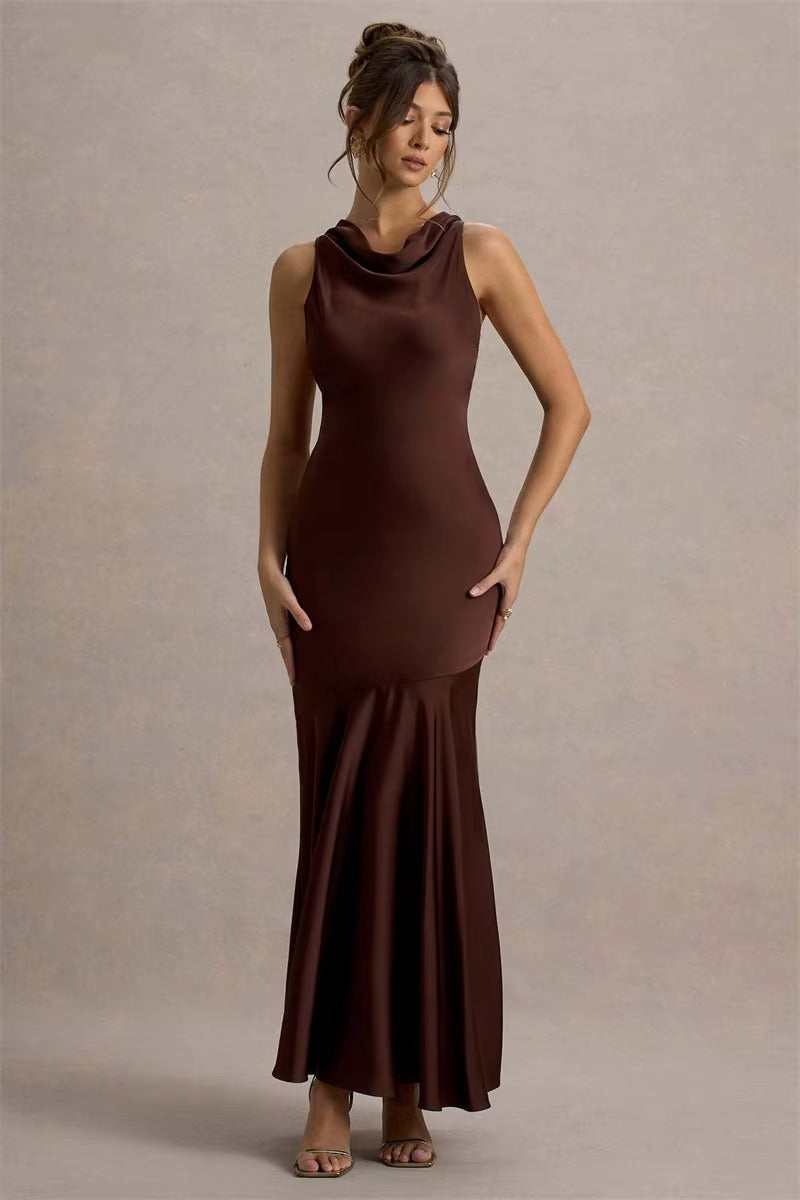 Satin Cowl Neck Sexy Maxi Dress