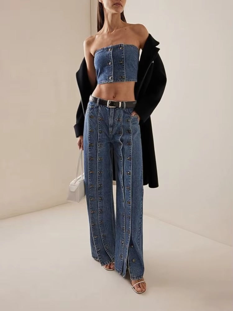 Women’s Stylish Wide Leg Button Jeans