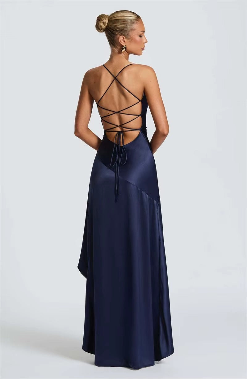 Satin Spaghetti Strap Ruffle Sexy Maxi Dress