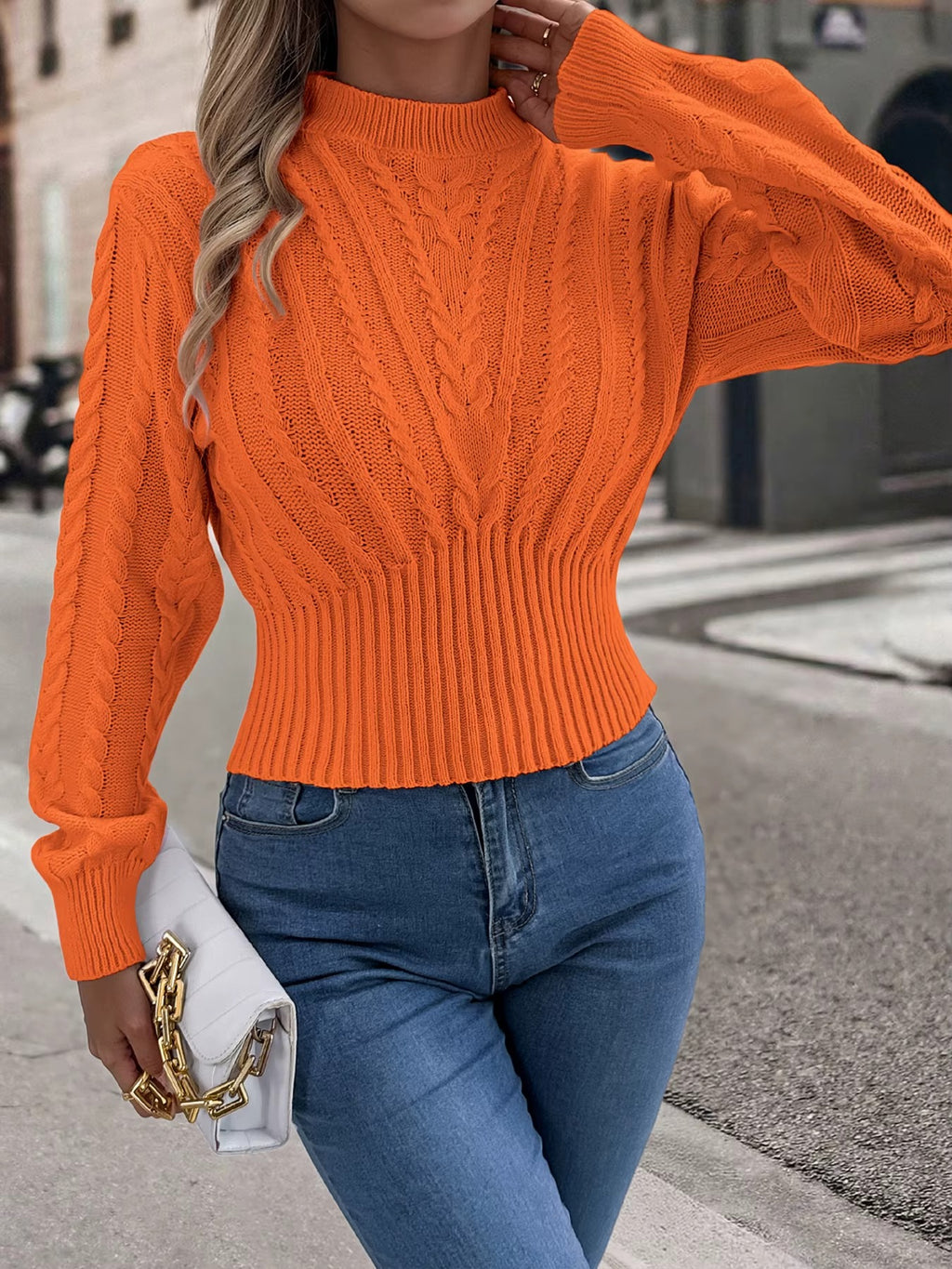 Women's Mock Neck Solid Color Twist Knit Sweater
