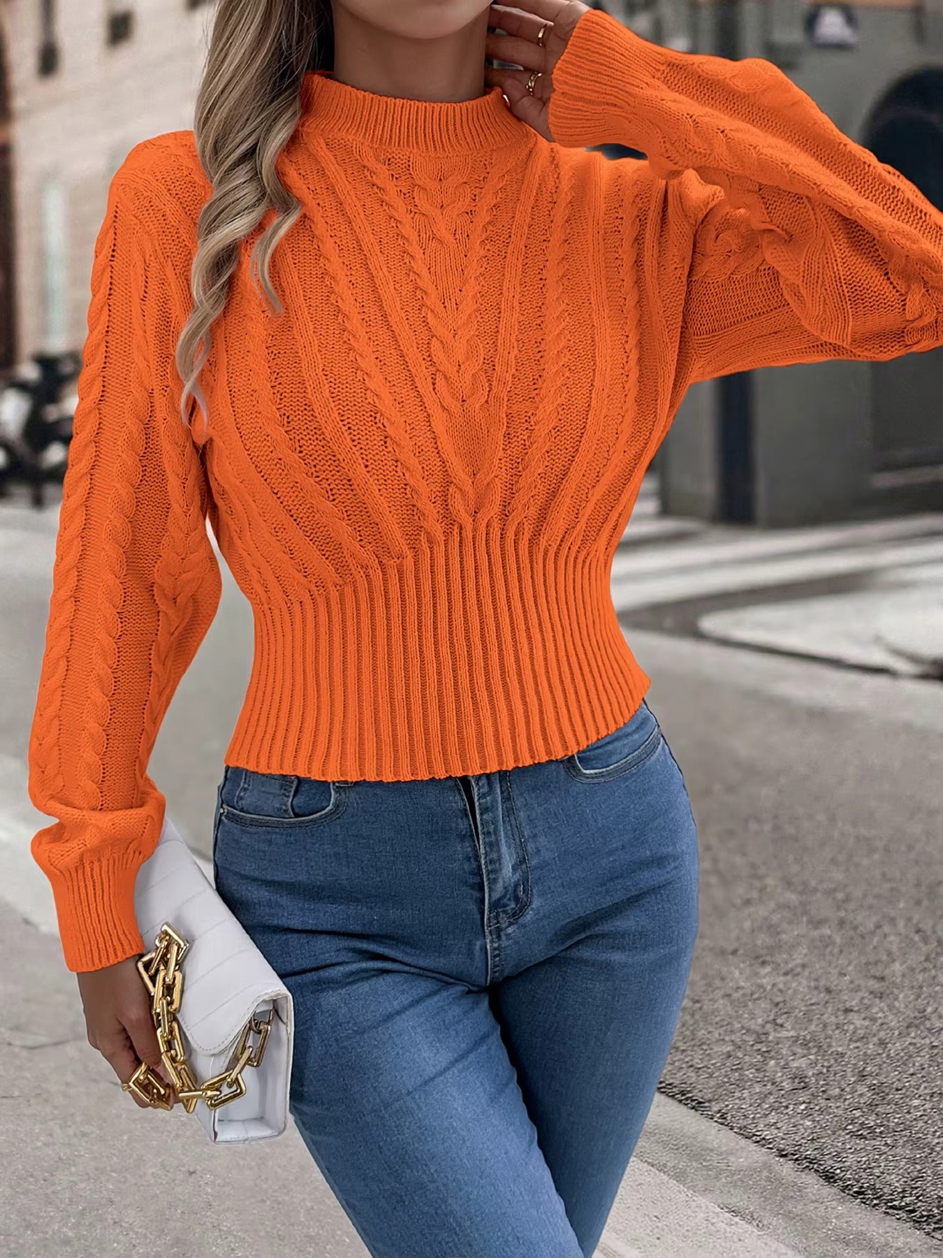Women's Mock Neck Solid Color Twist Knit Sweater