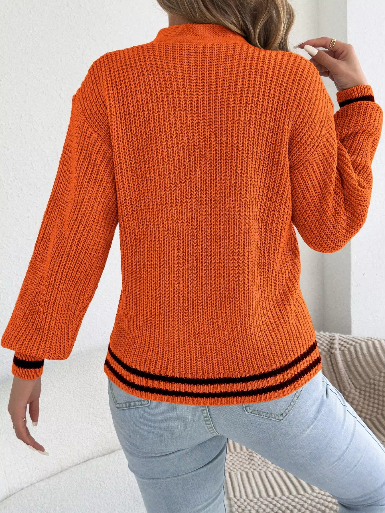 Women’s V-Neck Floral Hollow Out Striped Sweater