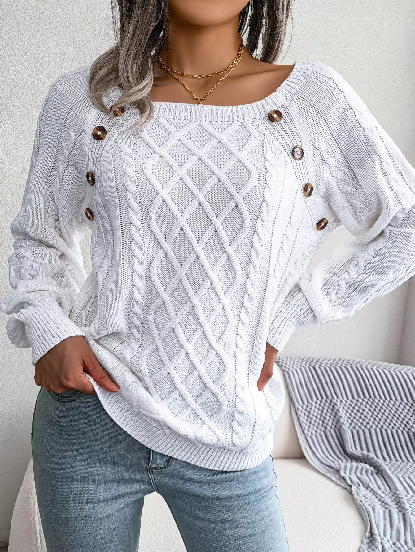 Women's Square Collar Button-Detail Knitted Pullover