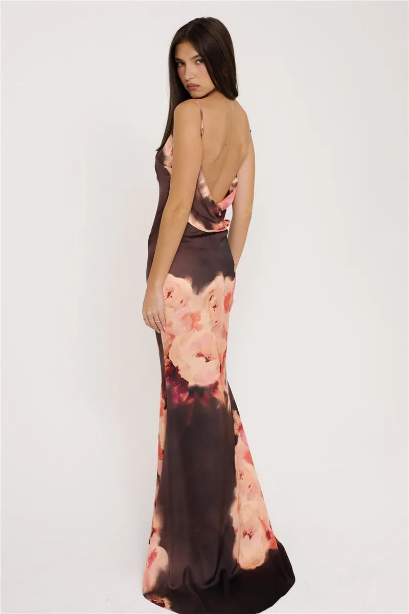 Julie Satin Floral Print Sexy Maxi Dress