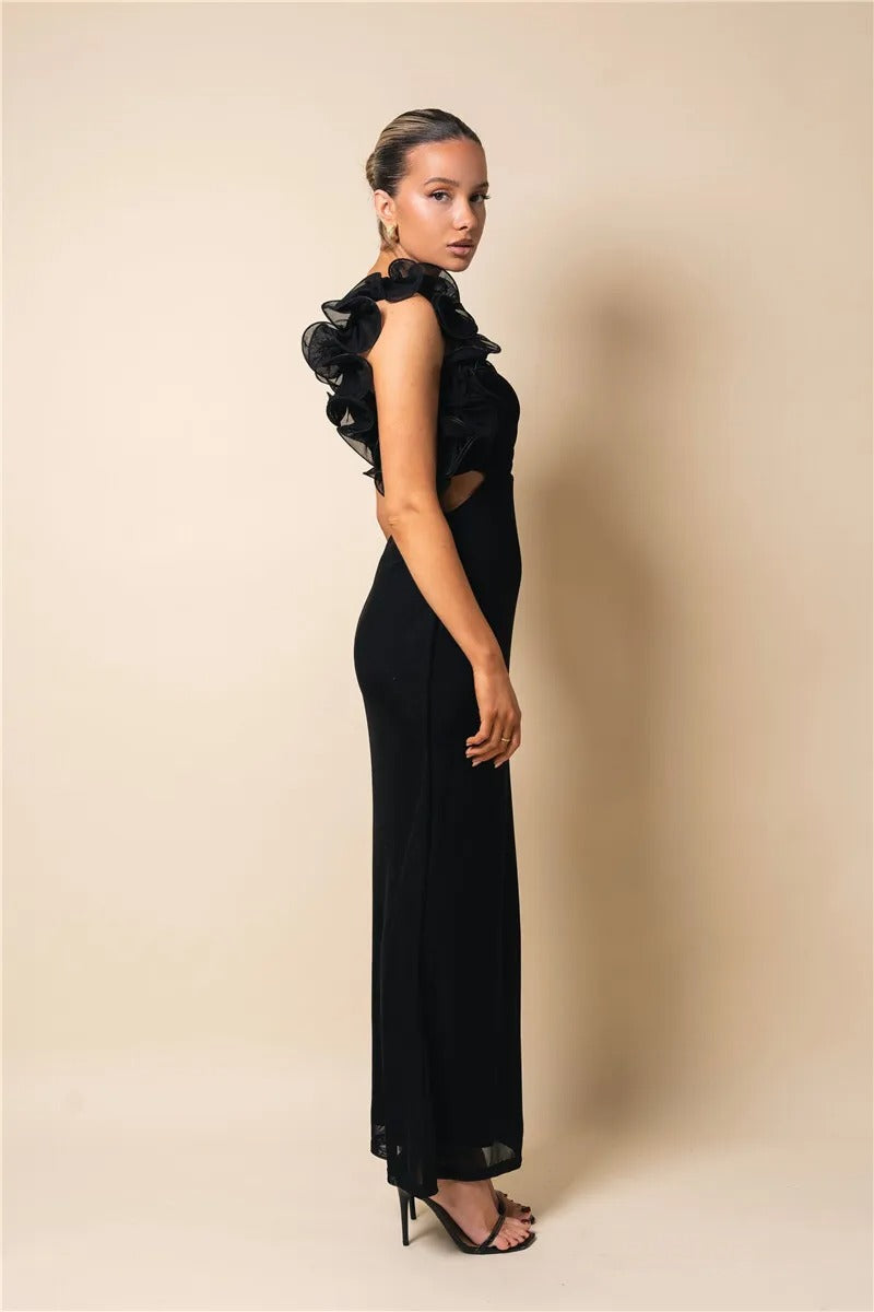 Sharon Shoulder Floral Mesh Ruched Sexy Maxi Dress