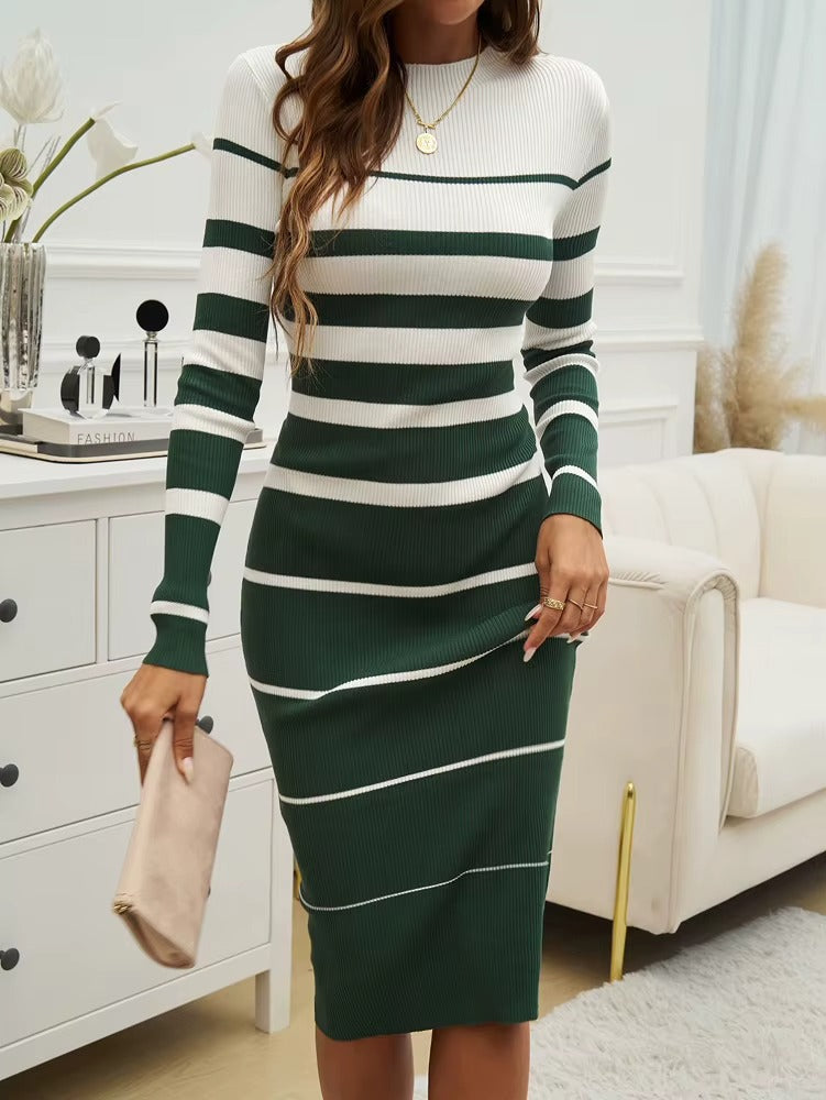 Slim Striped Print Long-Sleeve Office Ladies Knitted Dress