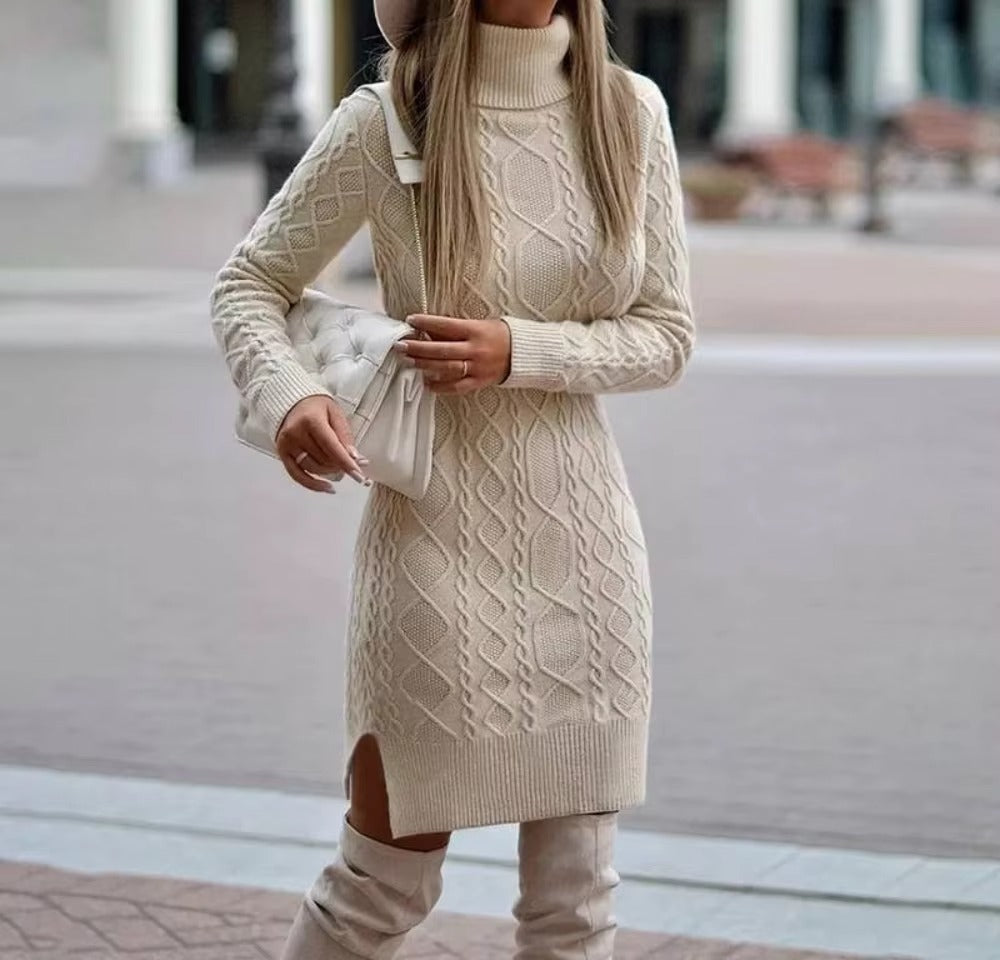 Women's Turtleneck Long Sleeve Cable Knit Sweater Dress
