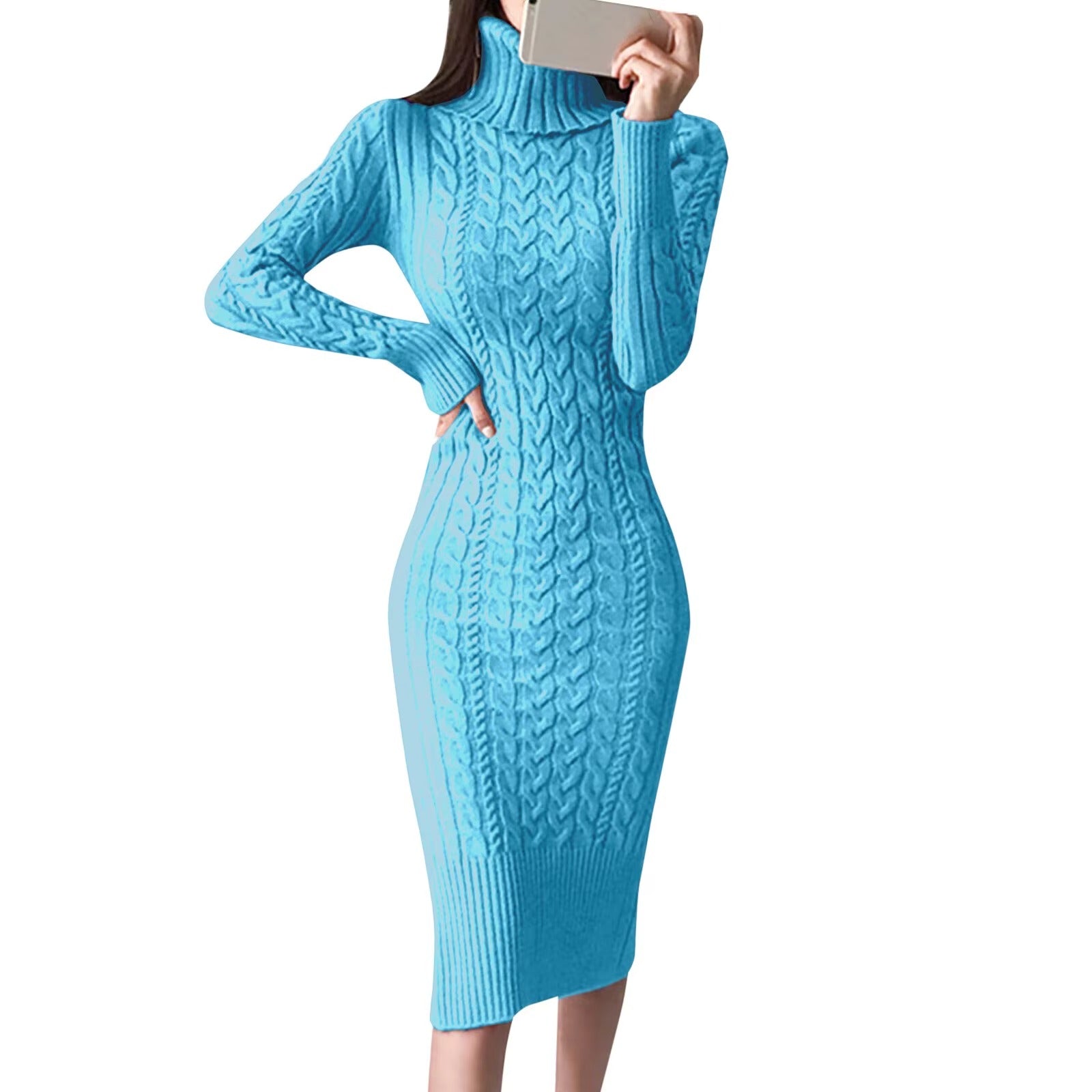 Women's Turtleneck Long Sleeve Solid Color Sweater Dress