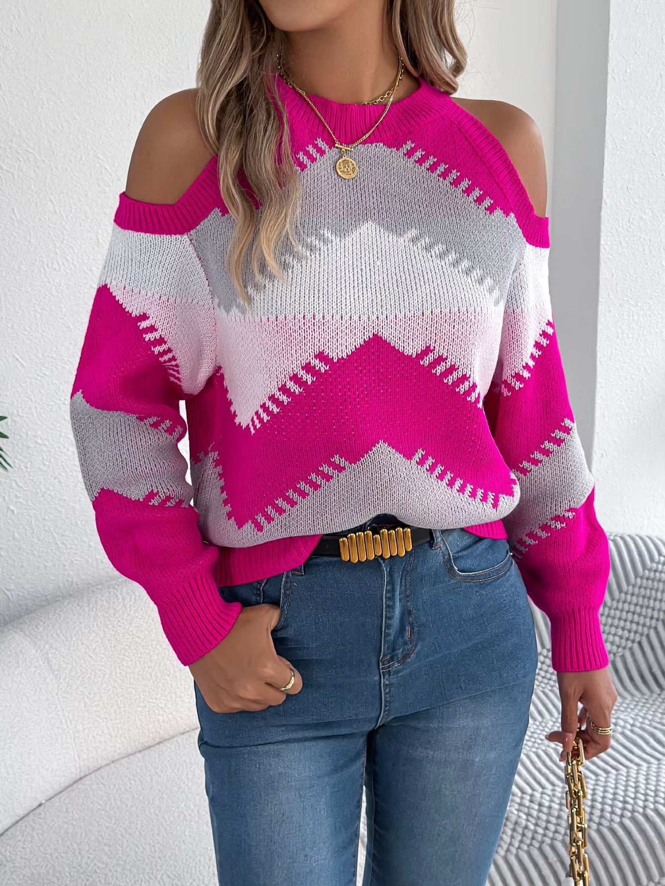 Women’s Contrast Color Striped Off-Shoulder Round Neck Sweater
