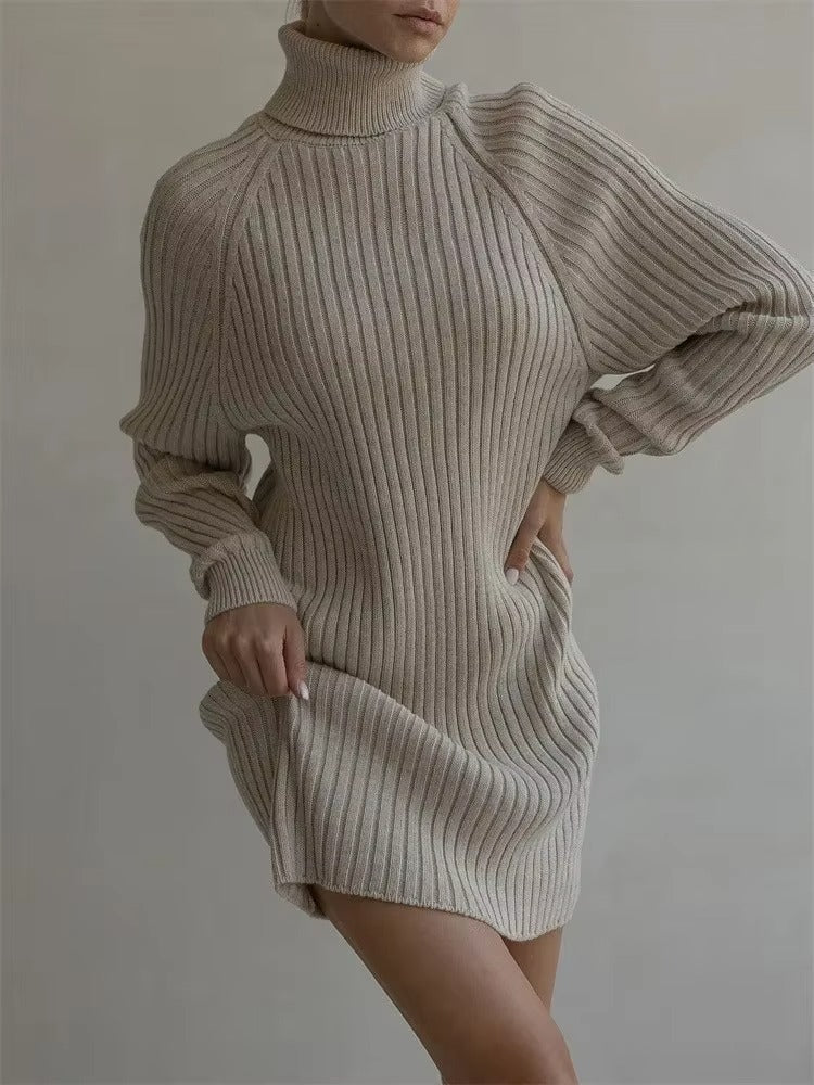 Women's High Collar Long Sleeve Thickened Knit Sweater Dress