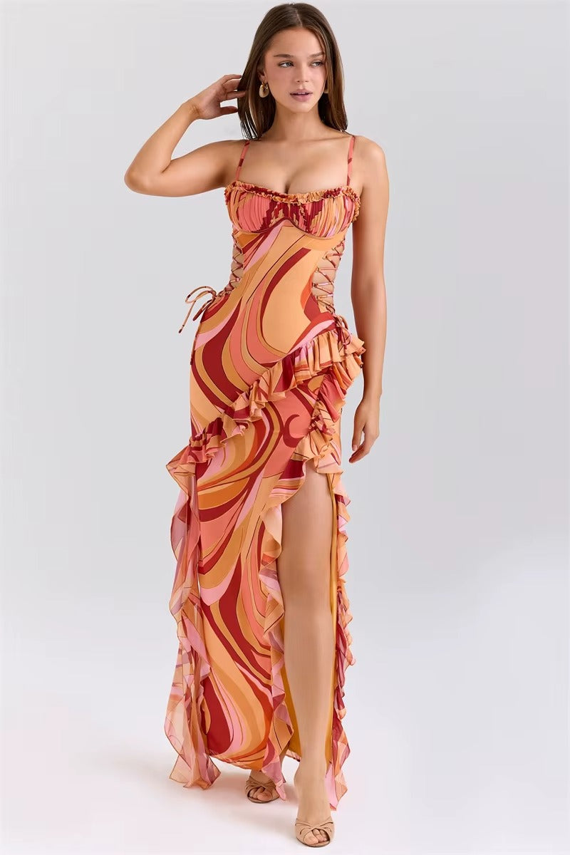 Print Ruffle Cut Out Sexy Maxi Dress