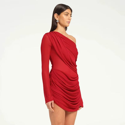 Mesh One-shoulder Long Sleeve Sexy Mini Dress