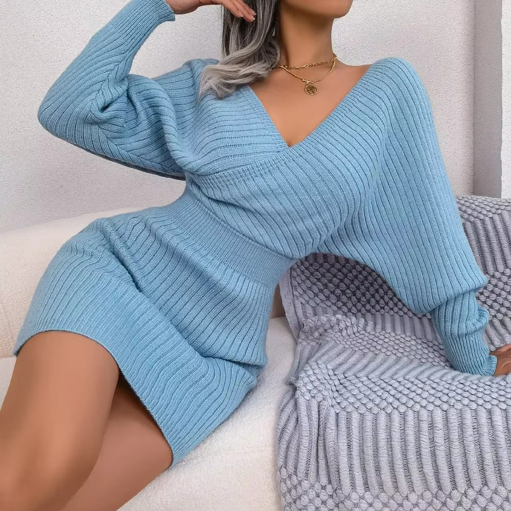 Women's Casual Sexy Cross V Neck Batwing Sleeve Solid ColorDress