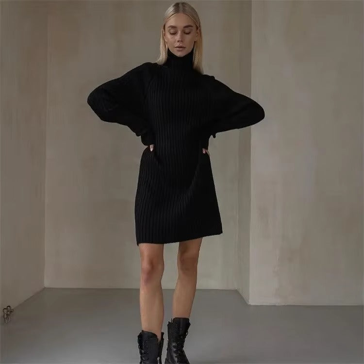 Women's High Collar Long Sleeve Thickened Knit Sweater Dress
