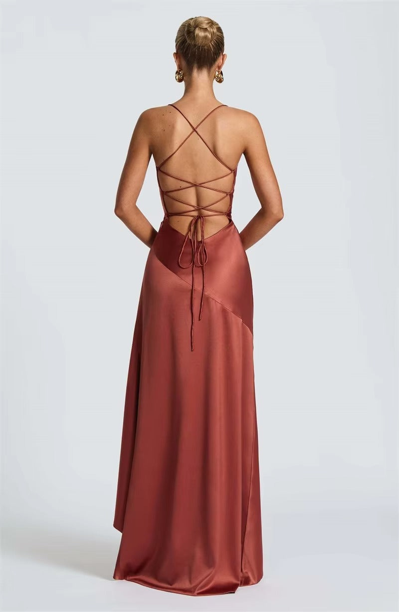 Satin Spaghetti Strap Ruffle Sexy Maxi Dress