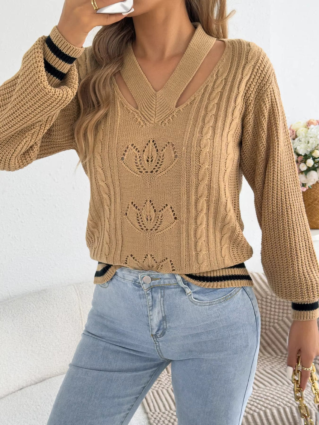 Women’s V-Neck Floral Hollow Out Striped Sweater