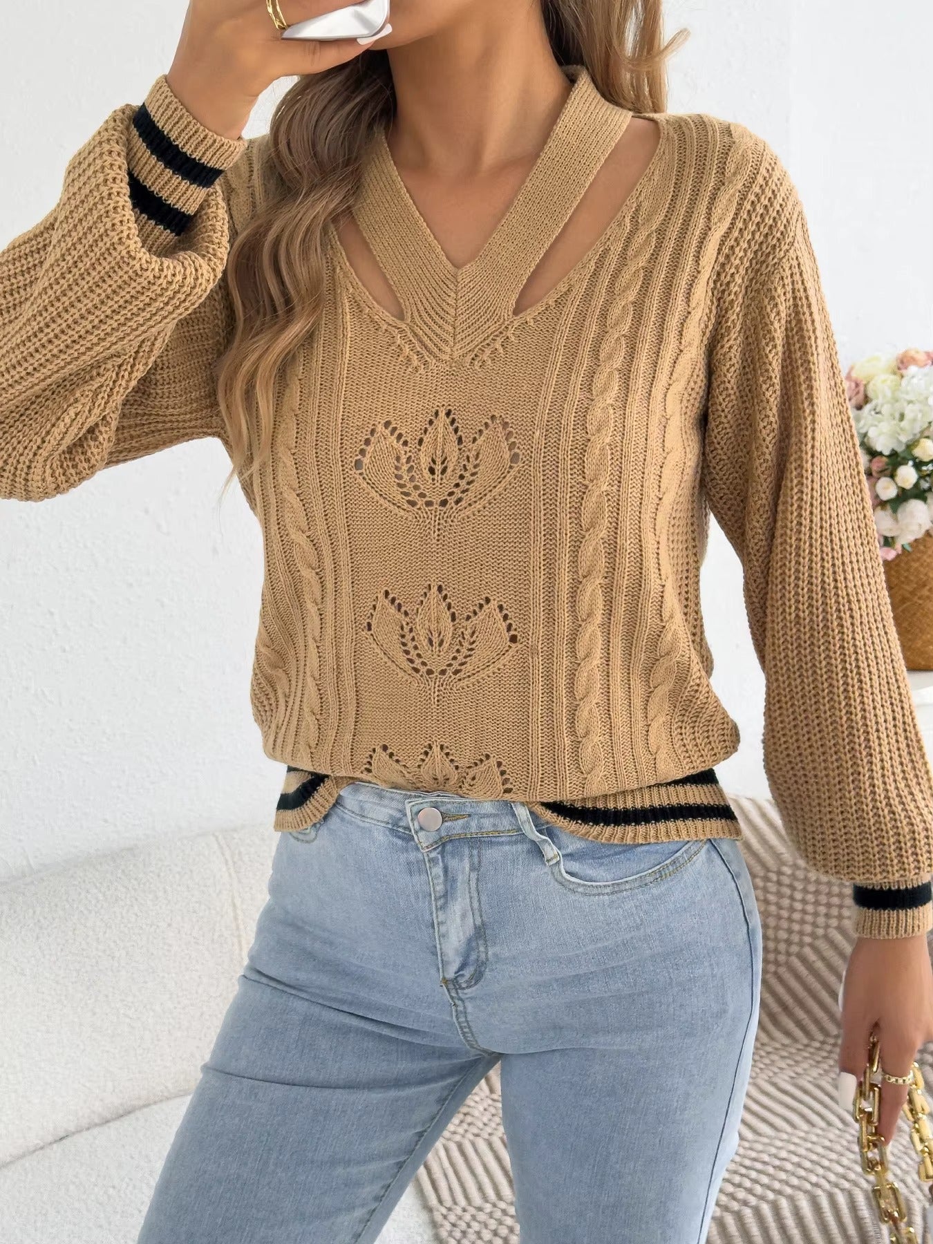 Women’s V-Neck Floral Hollow Out Striped Sweater