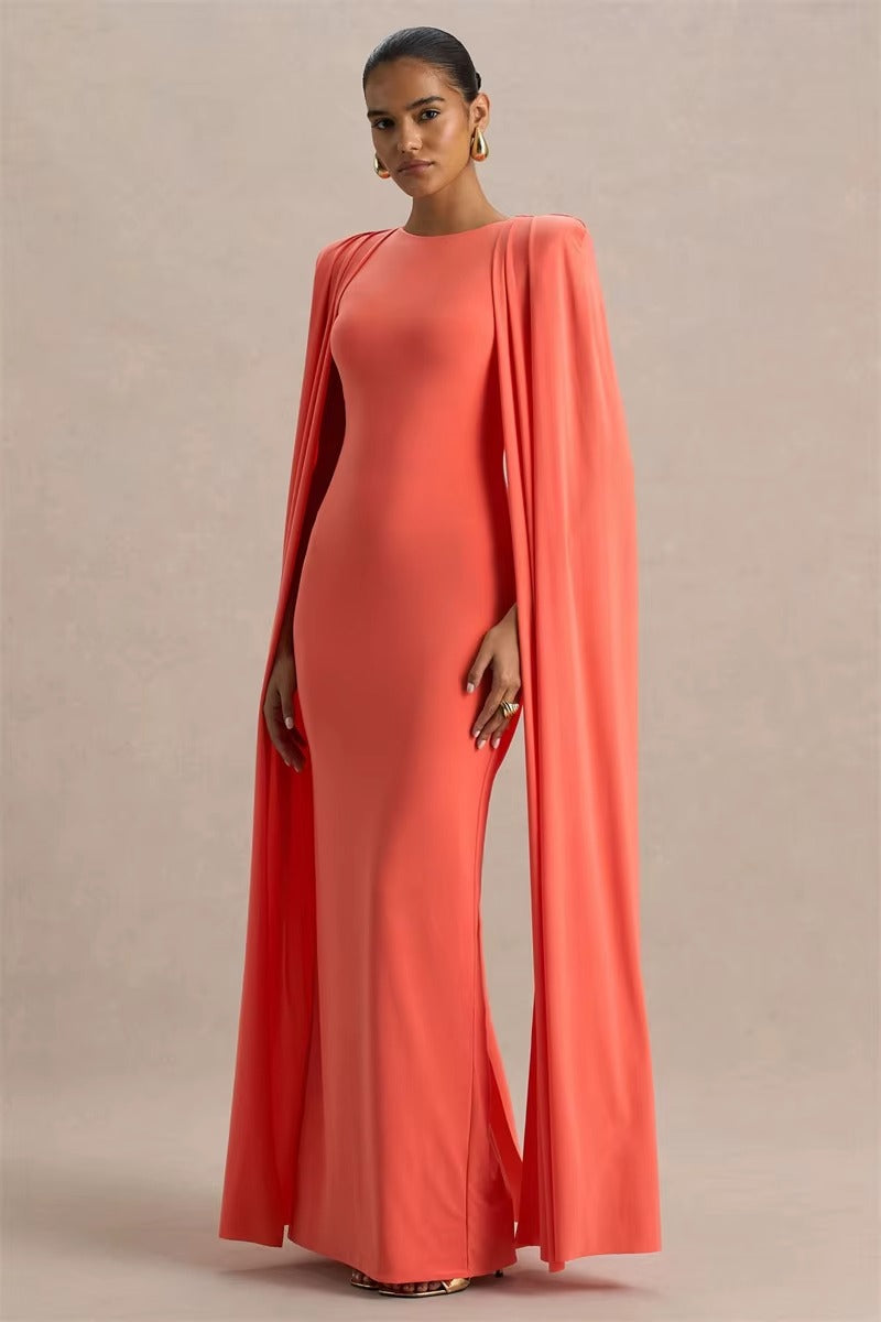 Cape Sleeve Sexy Maxi Dress for Women – Elegant High Waist O-Neck Gown with Split & Zipper