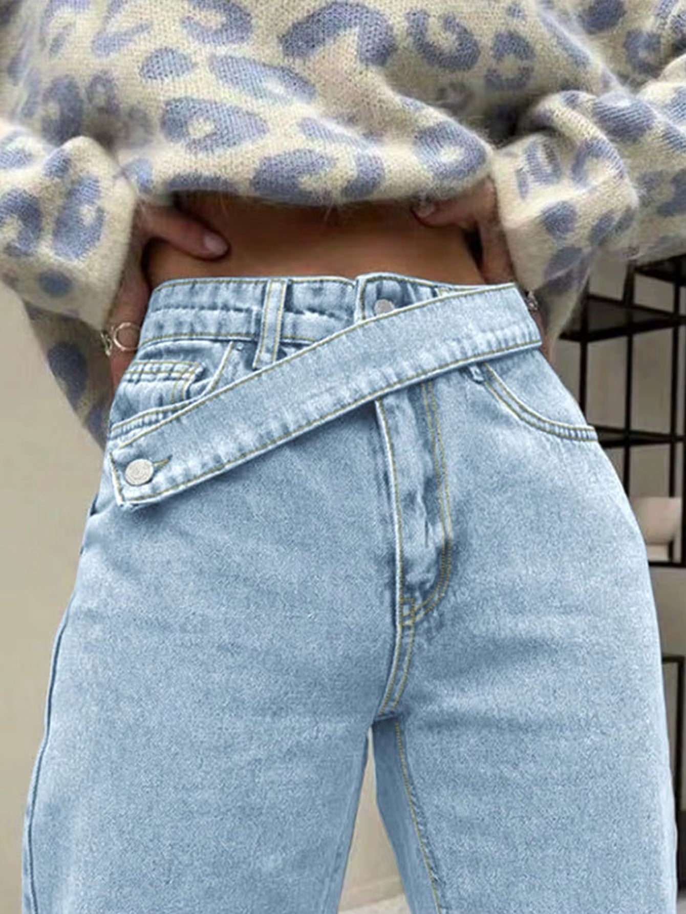 Street Style Washed Wide-Leg Jeans with Asymmetric Belt Decoration