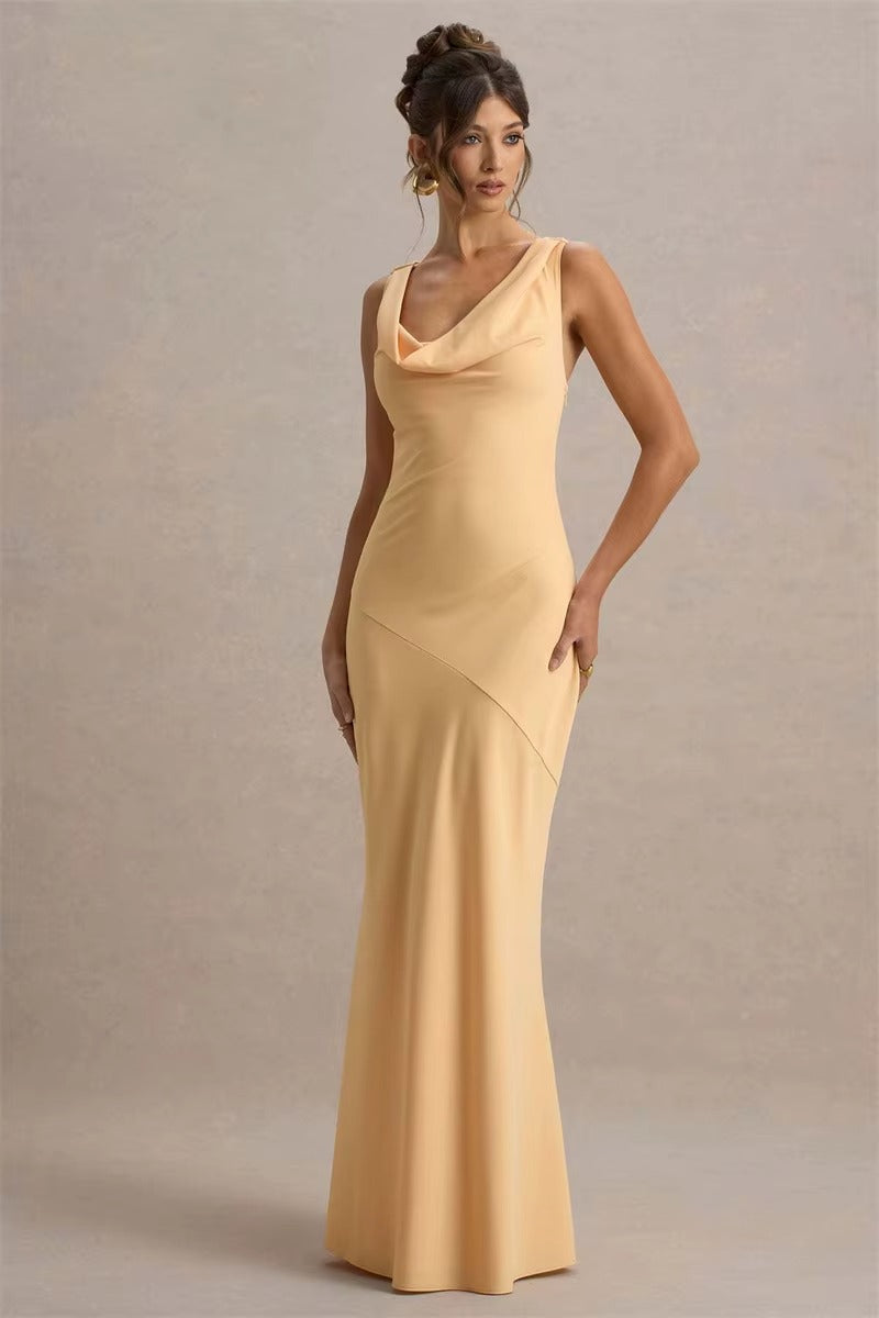 Bertha Satin Cowl Neck Backless Sexy Maxi Dress