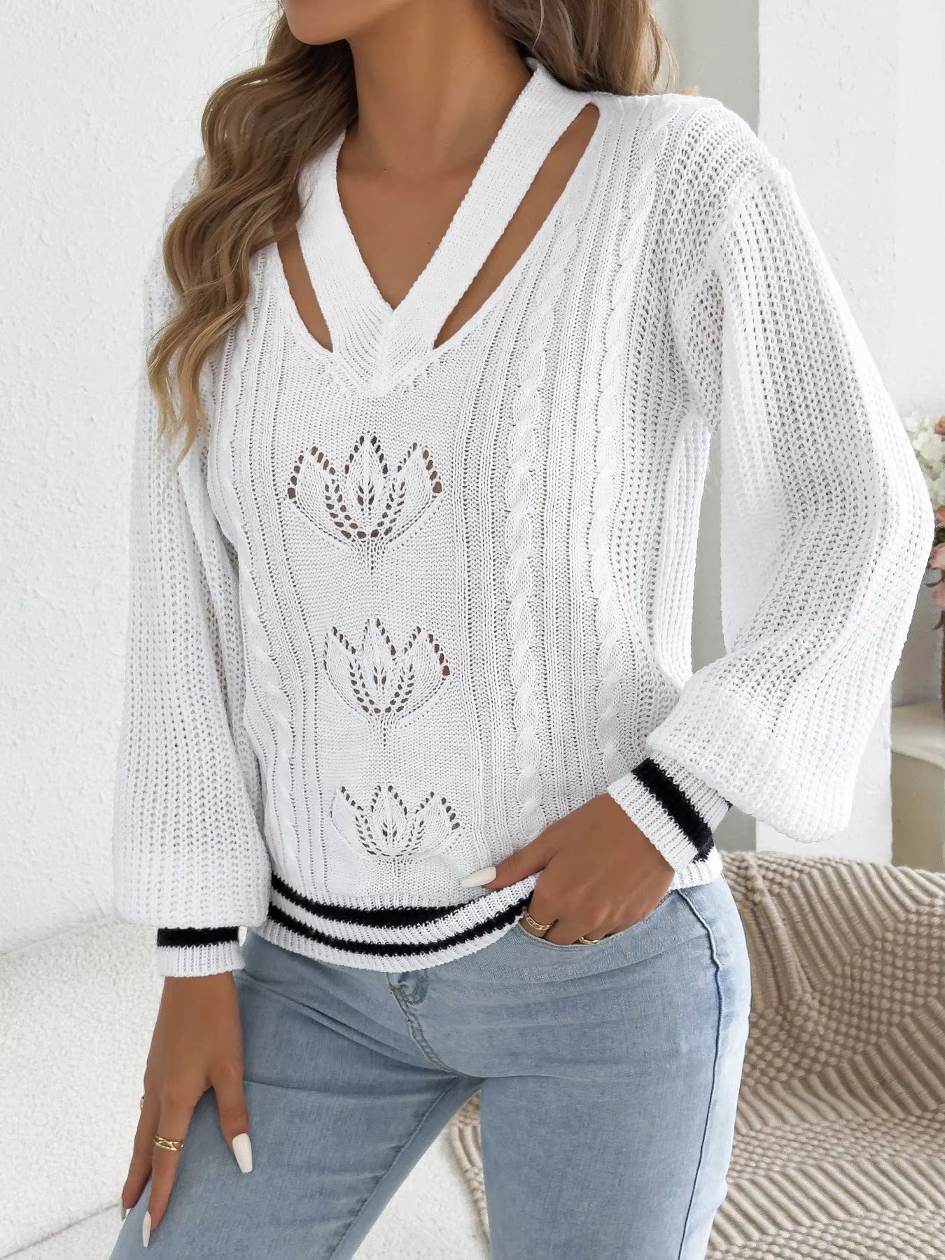 Women’s V-Neck Floral Hollow Out Striped Sweater