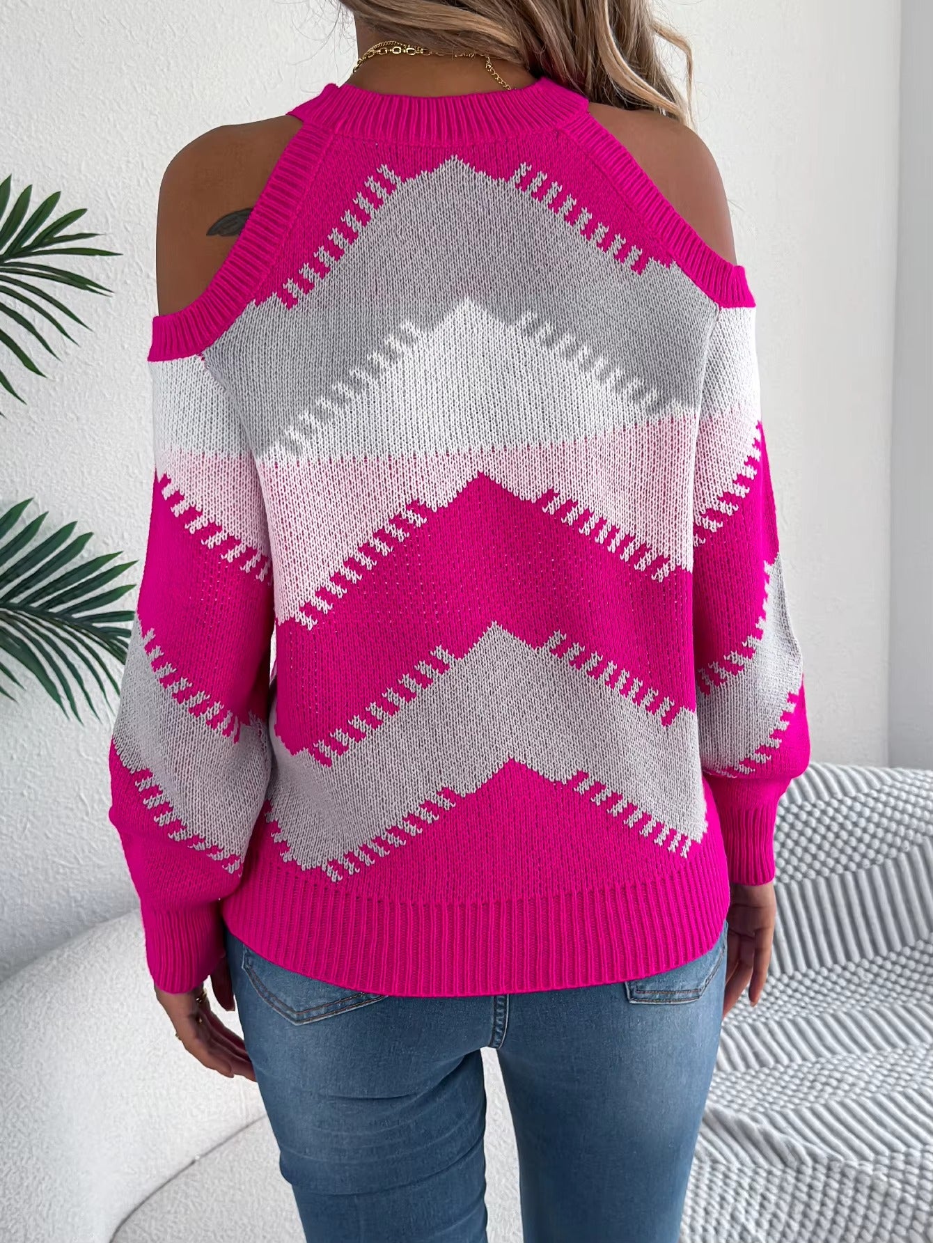 Women’s Contrast Color Striped Off-Shoulder Round Neck Sweater