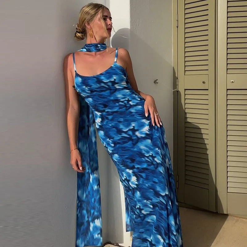 Maureen Halter Backless Print Sexy Maxi Dress