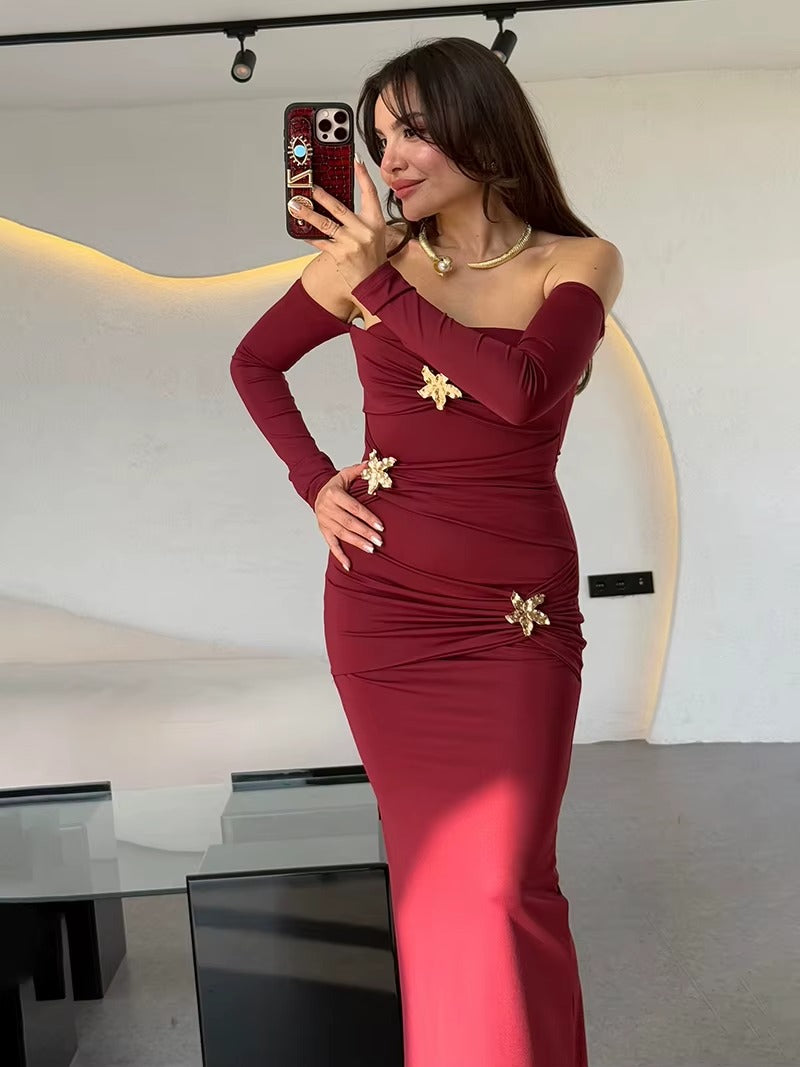 Joanv Metal Buckle Strapless Sexy Maxi Dress