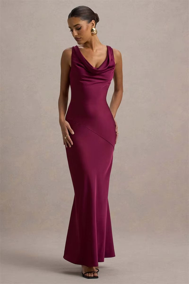 Satin Cowl Neck Backless Sexy Maxi Dress