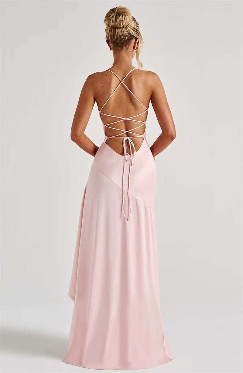 Satin Spaghetti Strap Ruffle Sexy Maxi Dress