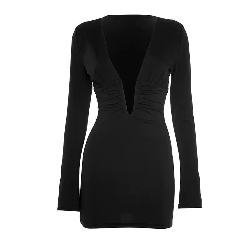 Deep V Neck Long Sleeve Sexy Mini Dress