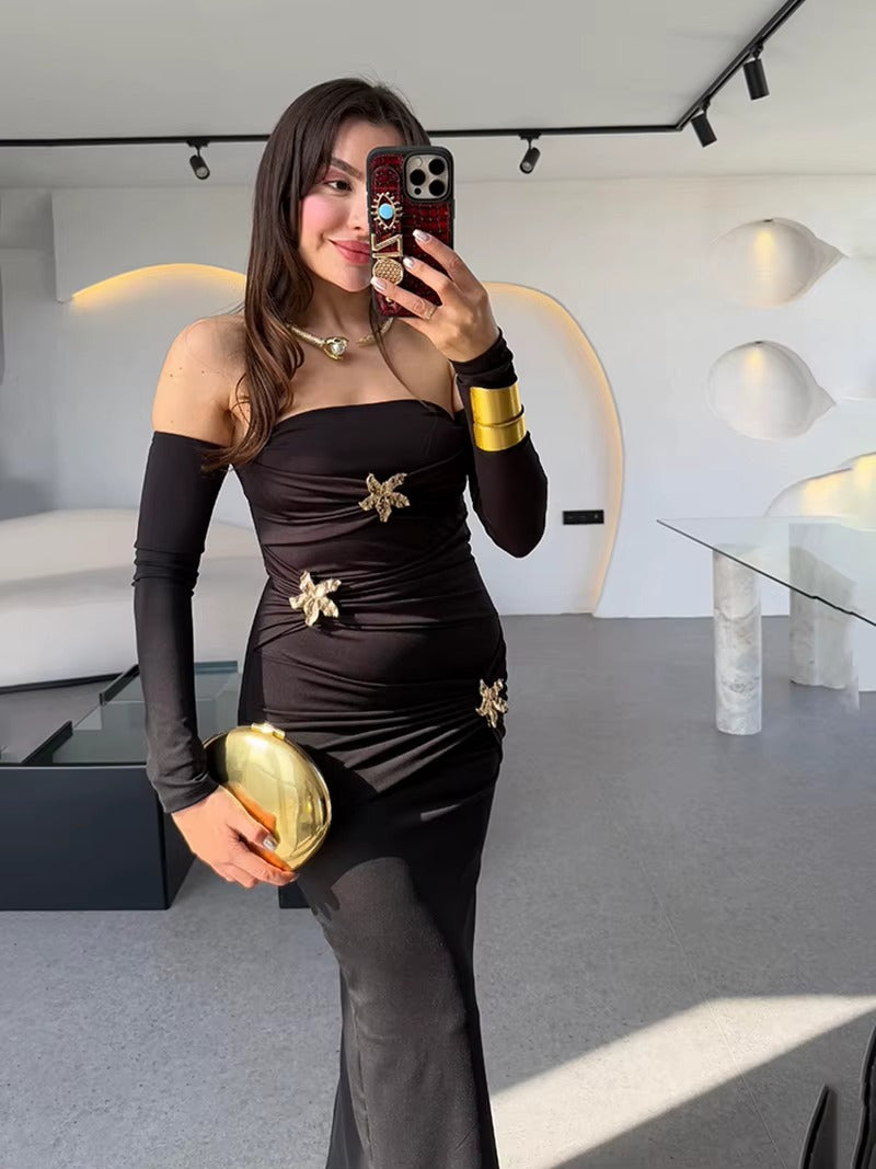 Joanv Metal Buckle Strapless Sexy Maxi Dress