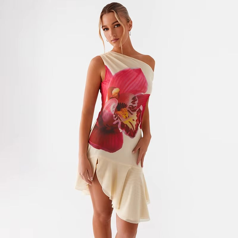 Patsy Skew Collar Ruffled Print Sexy Mini Dress