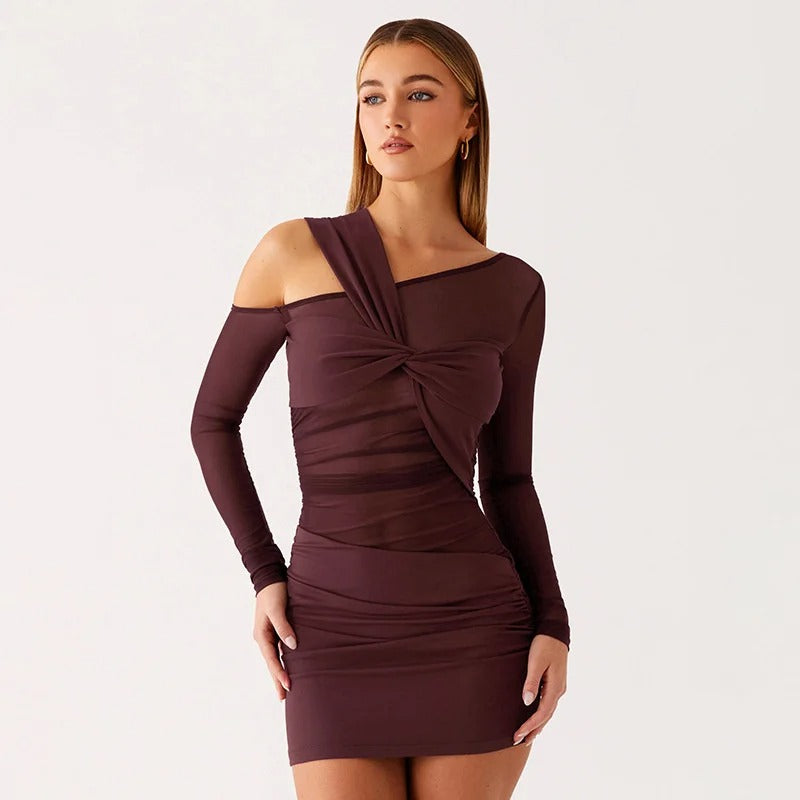 Inclined Shoulder Long Sleeve Sexy Mini Dress