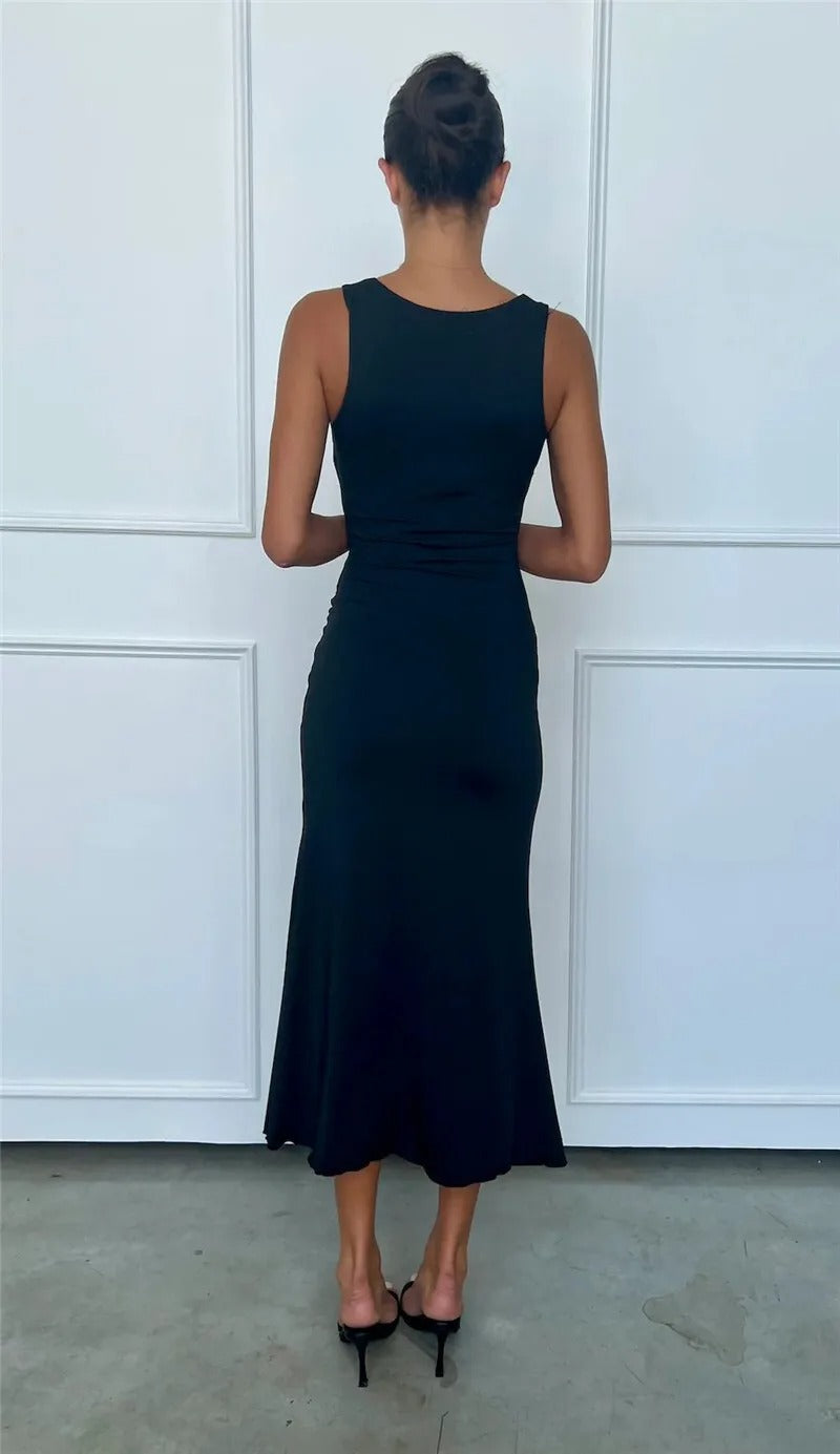 Julia Deep V Neck Front Gold Clasp Sexy Maxi Dress