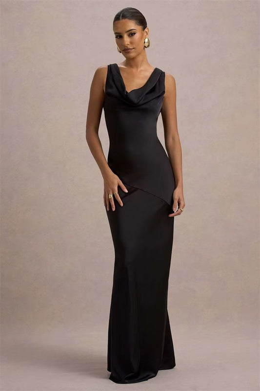 Bertha Satin Cowl Neck Backless Sexy Maxi Dress
