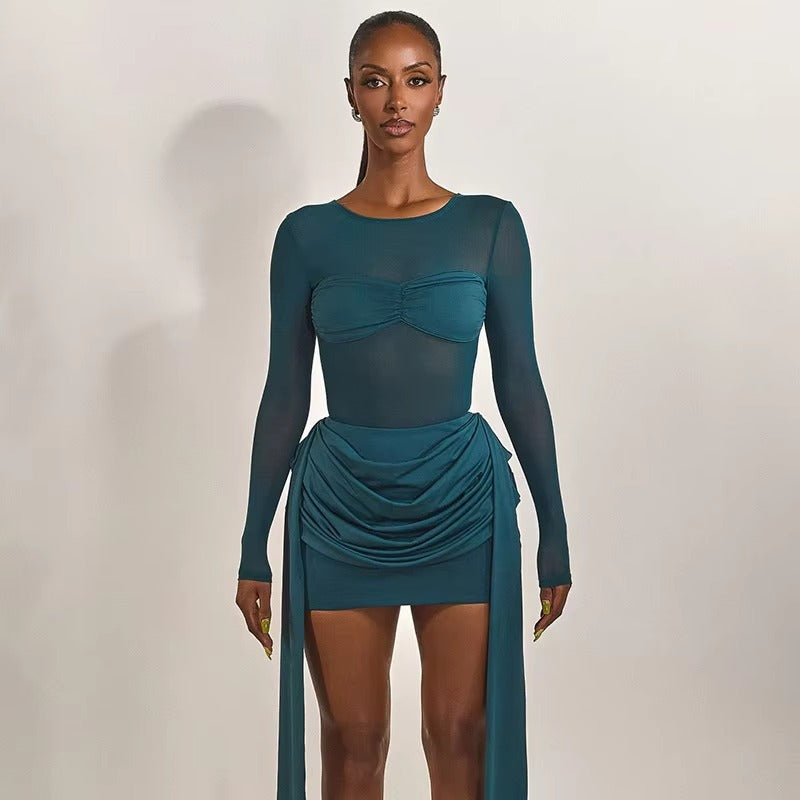 Mesh Patchwork Ruched Sexy Mini Dress