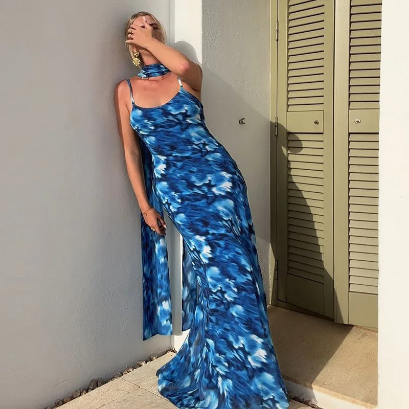 Maureen Halter Backless Print Sexy Maxi Dress