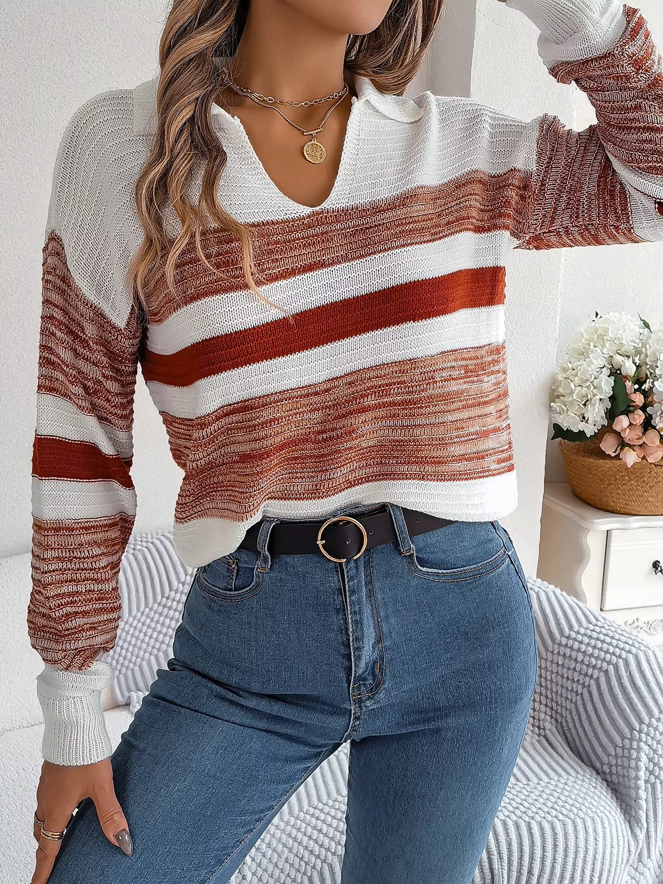 Elegant V-Neck Sweater Outfit 2026 | Lapel Patchwork Knit Pullover Look