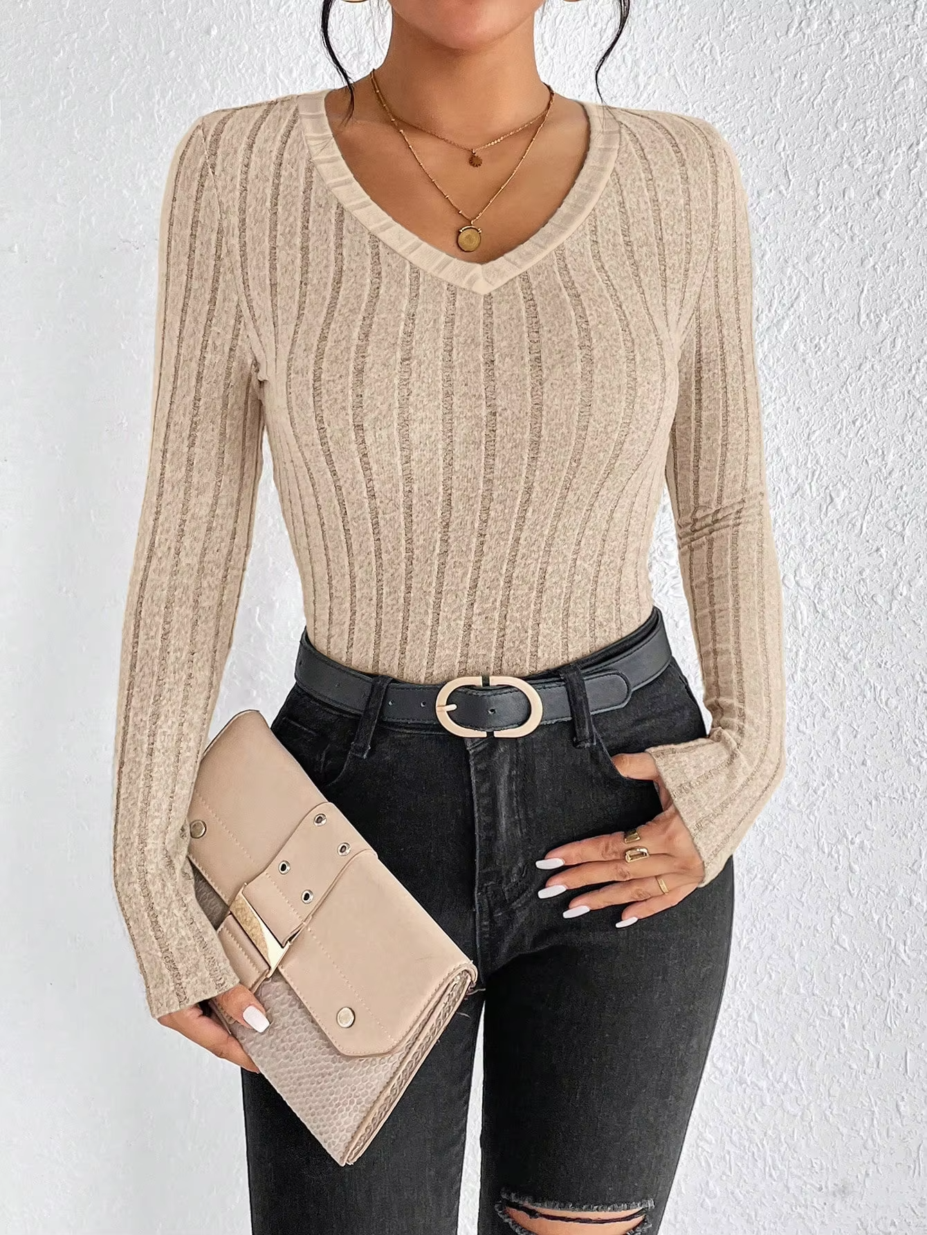 Slim Fit V-Neck Long Sleeve Knitted Jumper for Women