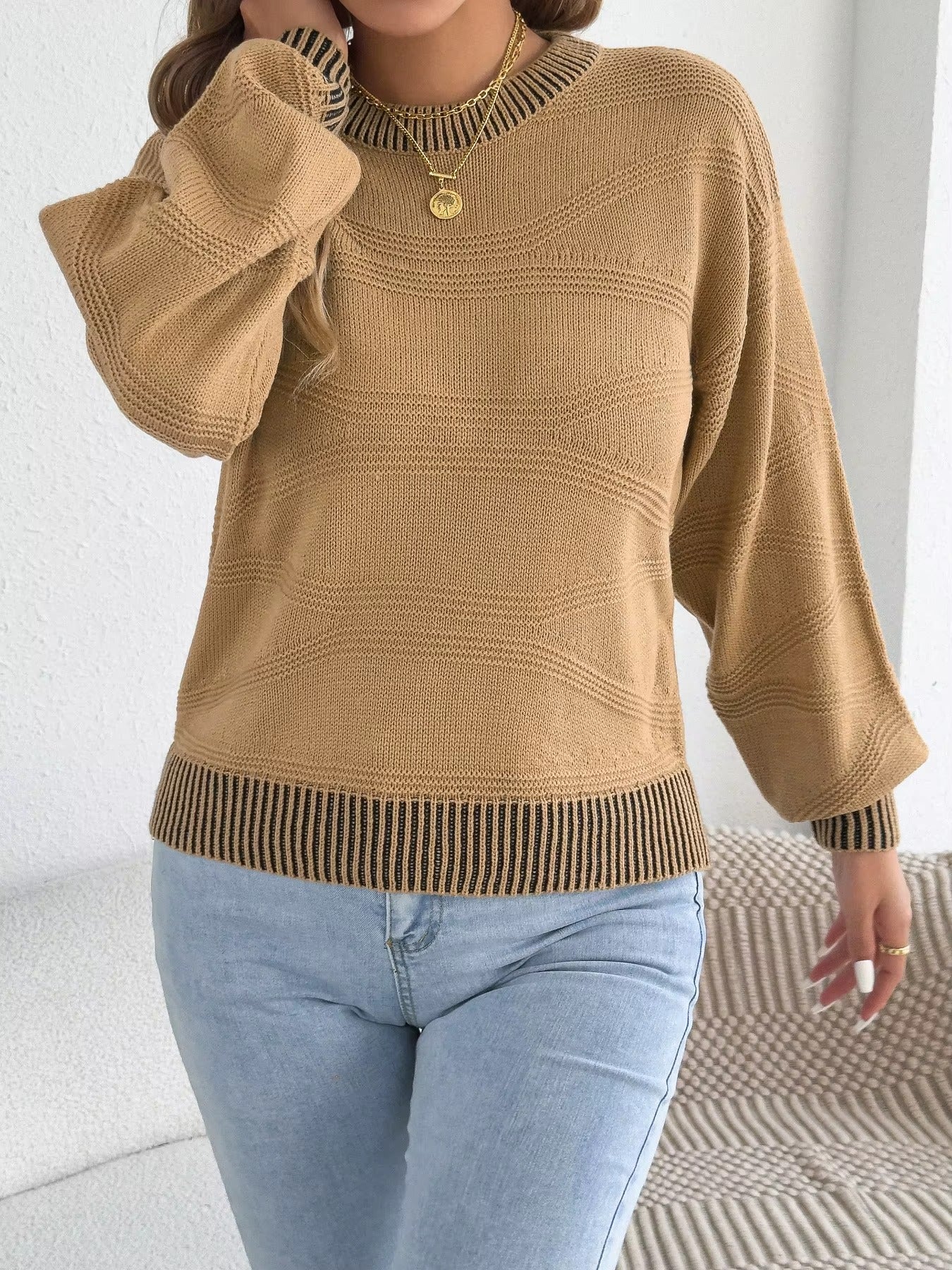 Autumn Winter Casual Striped Round-Neck Sweater for Women