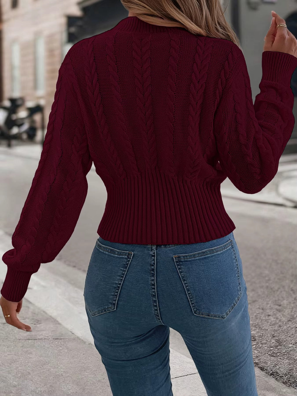 Women's Mock Neck Waist Cinching Lantern Sleeve Sweater