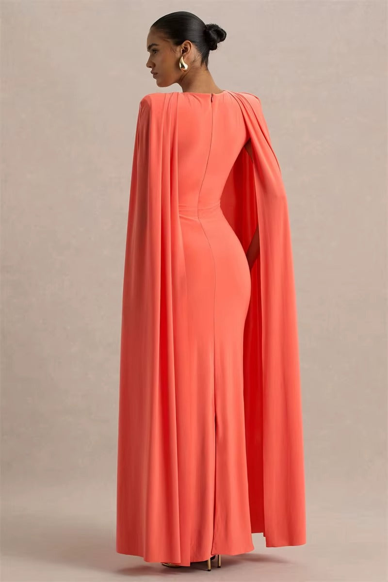 Cape Sleeve Sexy Maxi Dress for Women – Elegant High Waist O-Neck Gown with Split & Zipper