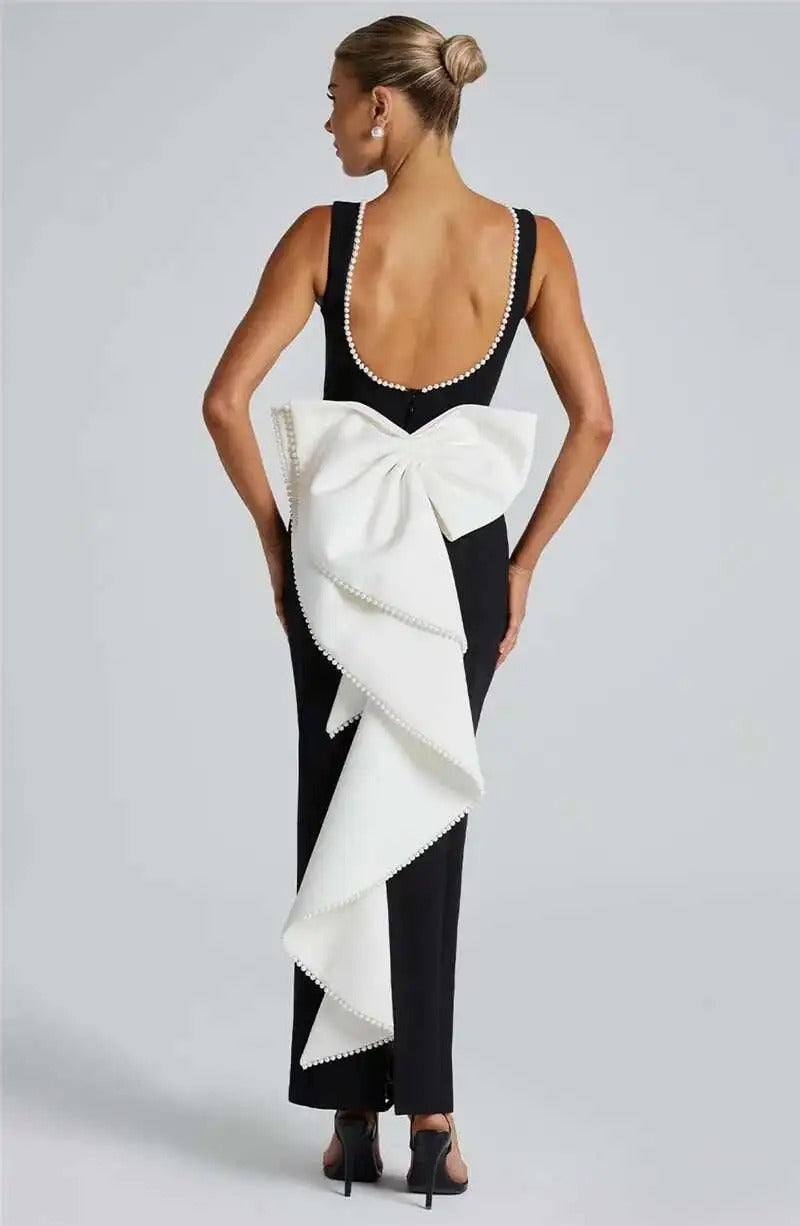 Lorraine Pearl Bow Backless Sexy Maxi Dress