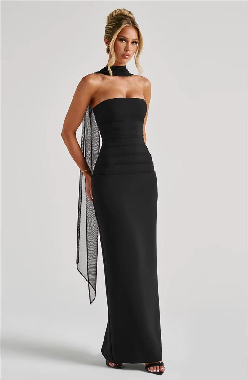 Alyssa Scarf Collar Strapless Sexy Maxi Dress