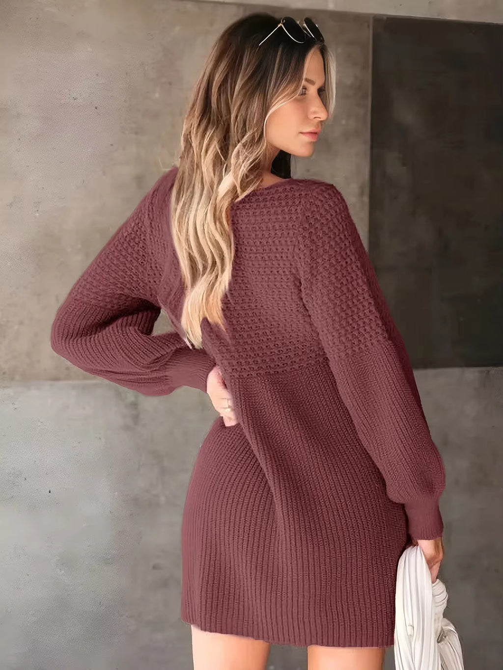 Women's Casual V-Neck Bubble Sleeve Pure Knitted Sweater Dress