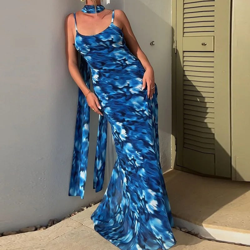 Maureen Halter Backless Print Sexy Maxi Dress