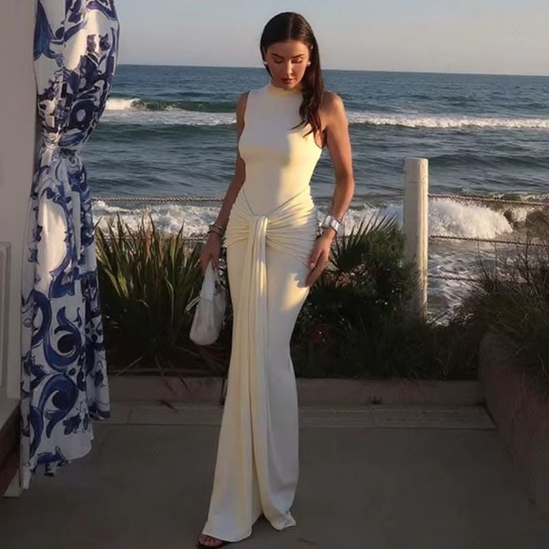 Sleeveless Draped Ruched Sexy Maxi Dress