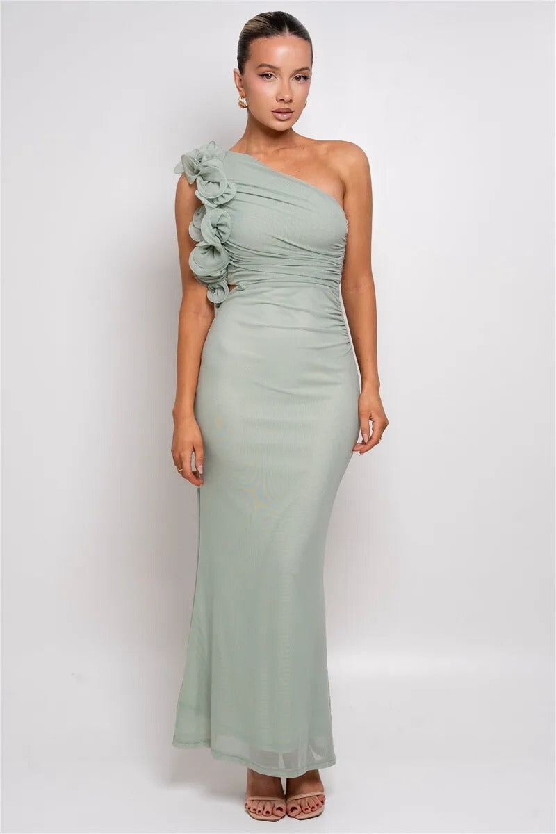 Sharon Shoulder Floral Mesh Ruched Sexy Maxi Dress