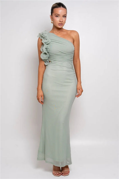 Sharon Shoulder Floral Mesh Ruched Sexy Maxi Dress